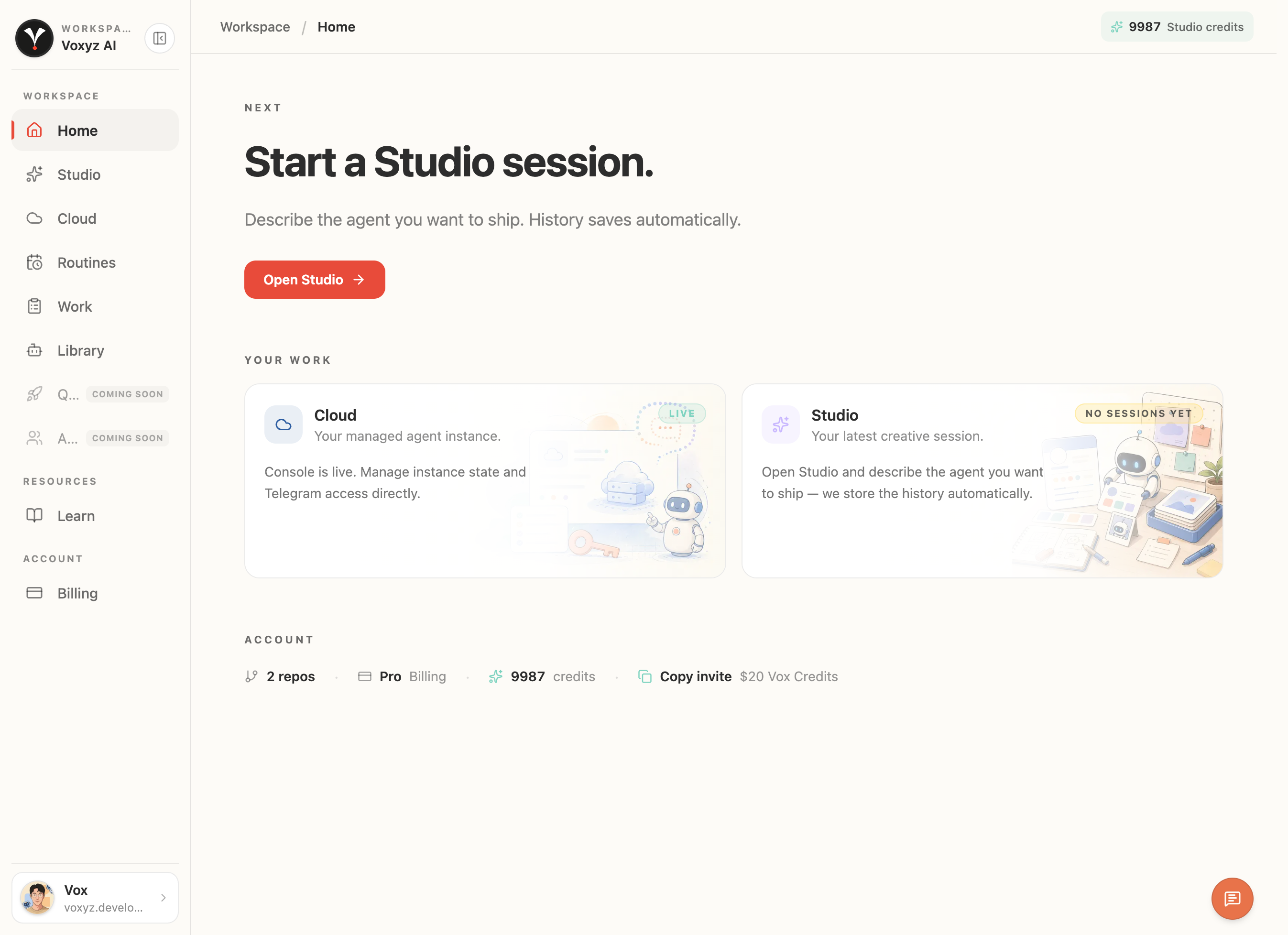 Voxyz workspace home with two large entry cards (Cloud: your managed agent instance, Studio: your latest creative session) and an account strip showing Pro plan and Studio credits.